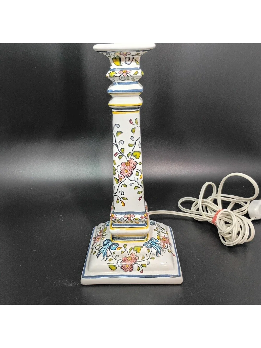 Vintage Made In Portugal Hand Painted Floral Table Lamp Flowers Vines Bows